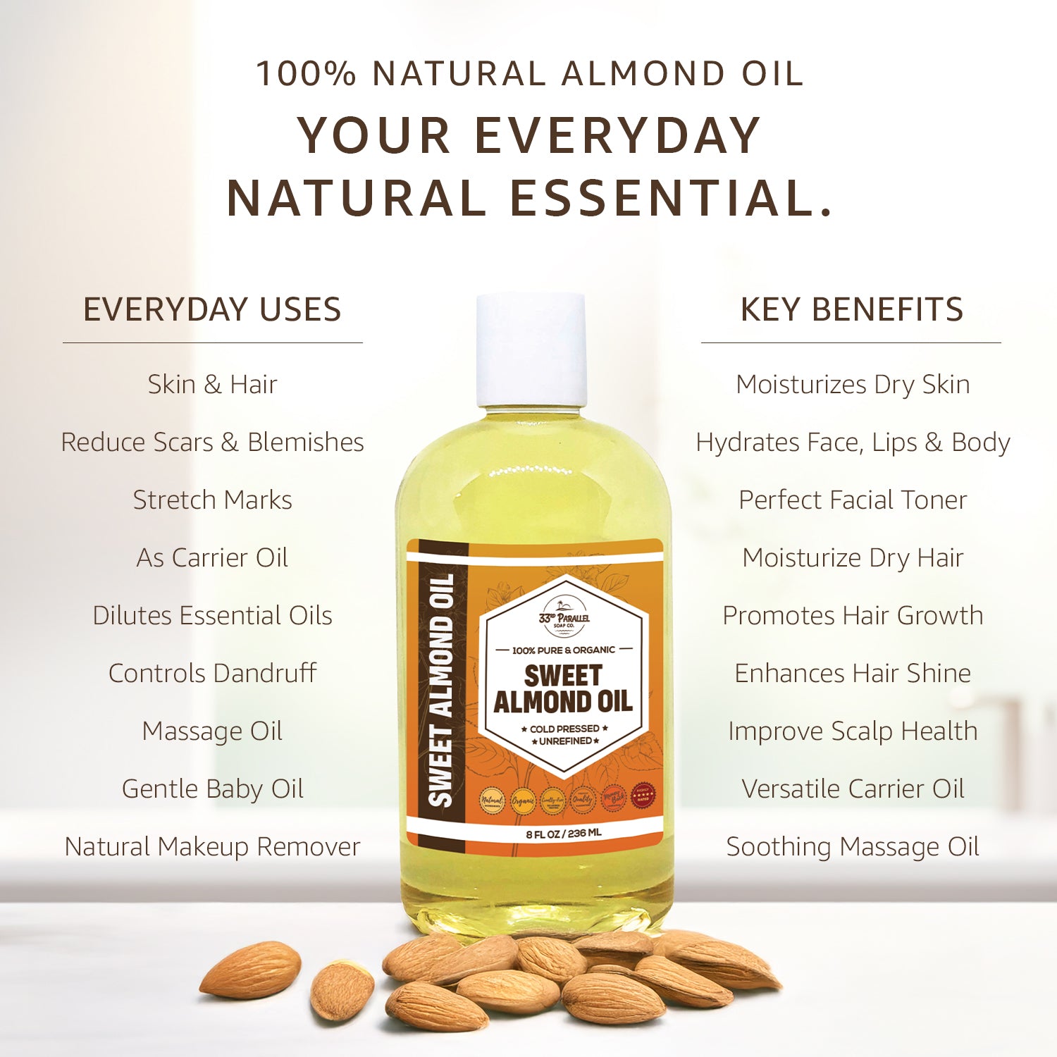 Sweet Almond Oil for Skincare & Haircare | 33rd Parallel Soap